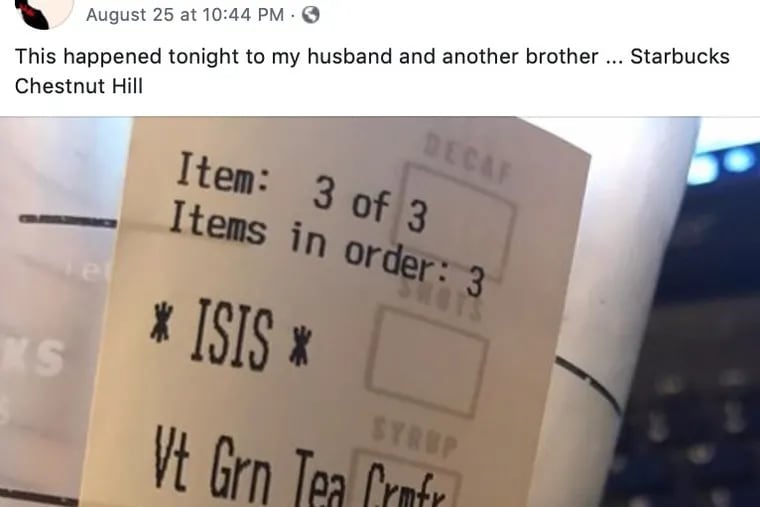 Abdul Aziz Johnson's wife posted this photo to Facebook. When Johnson gave his name at a Chestnut Hill Starbucks on Germantown Avenue this week, the barista recorded it as ISIS, according to the executive director of CAIR-Philadelphia.