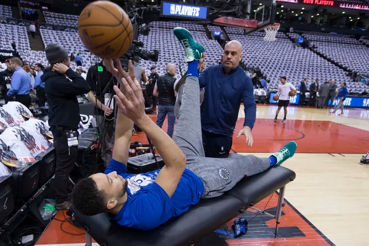 Ben Simmons of the Sixers is stretched before game 7 of the NBA Eastern Conference semifinals at the Scotiabank Arena in Toronto on May 12, 2019.