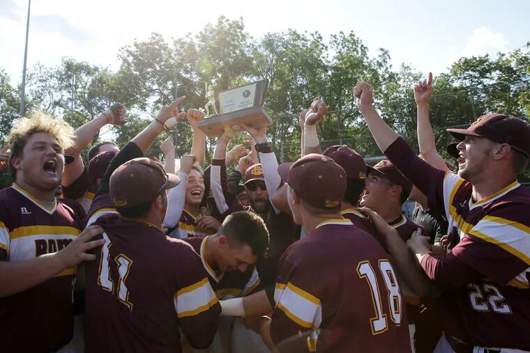 Gloucester Catholic High baseball players celebrating after winning the Non-Public B state title last June at Toms River South.