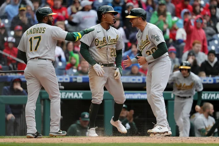 Cristian Pache (center) slashed .166/.218/.241 last year in 91 games with the Oakland A's.