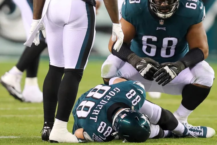 Eagles tight end Dallas Goedert was hurt in the fourth quarter against the Commanders on Monday at Lincoln Financial Field.
