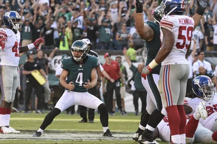 Eagles kicker Jake Elliott exults after making a 61-yard field goal to win the game against the Giants 27-24 at Lincoln Financial Field September 24, 2017. CLEM MURRAY / Staff Photographer