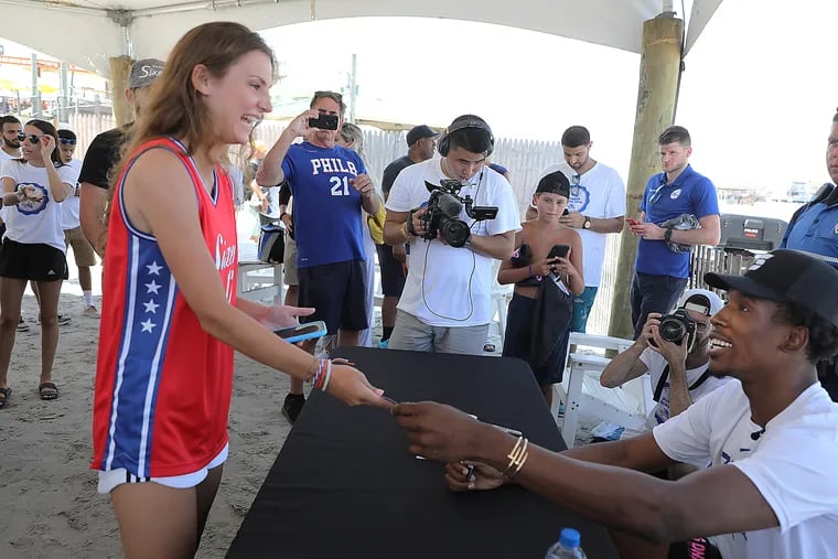 Annual 76ers Summer Shore Tour. Taylor Martin,18, from Maple Shade, NJ is chatting with Josh Richardson at autograph signing
08-17-2019
