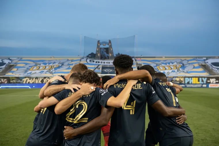 The Union's pregame huddle on the field before kickoff against the New York Red Bulls at Subaru Park this past Tuesday.