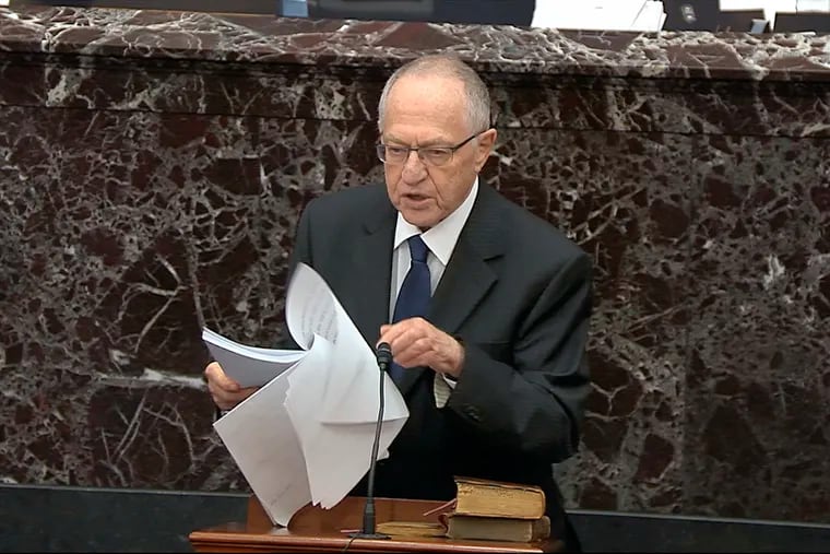 In this image from video, Alan Dershowitz, an attorney for President Donald Trump, speaks during the impeachment trial against Trump in the Senate at the U.S. Capitol in Washington, Monday, Jan. 27, 2020.
