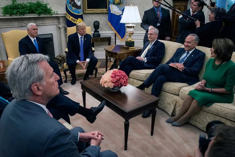 Meeting in the Oval Office on Wednesday are, clockwise from left, House Majority Leader Kevin McCarthy (R., Calif.), Vice President Mike Pence, President Trump, Senate Majority Leader Mitch McConnel (R., Ky.), Senate Minority Leader Charles Schumer (D., N.Y.), and House Minority Leader Nancy Pelosi (D., Calif.).
