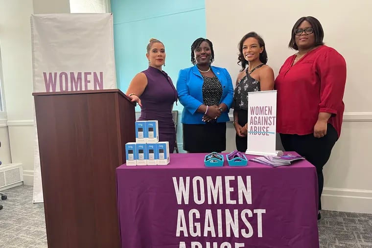 Women Against Abuse executive director Joana Otero-Cruz, State Rep. Joanna McClinton, and WAB board member Jamie Colleen Miller announce a partnership with Ring to provide up to 1,000 Ring doorbells to domestic violence victims.