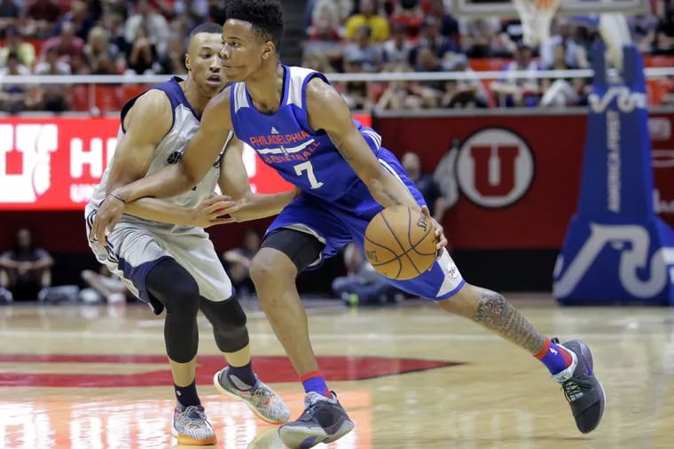 76ers guard Markelle Fultz drives on Jazz guard Dante Exum during Wednesday’s summer-league game in Utah.