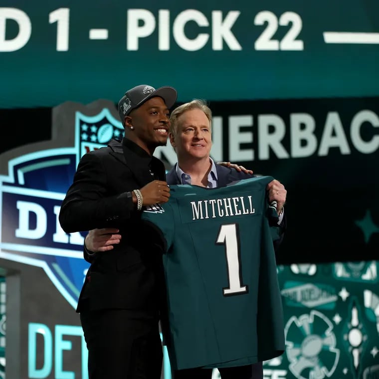 Quinyon Mitchell poses with NFL commissioner Roger Goodell after being selected 22nd overall by the Eagles during the first round of the 2024 NFL draft.
