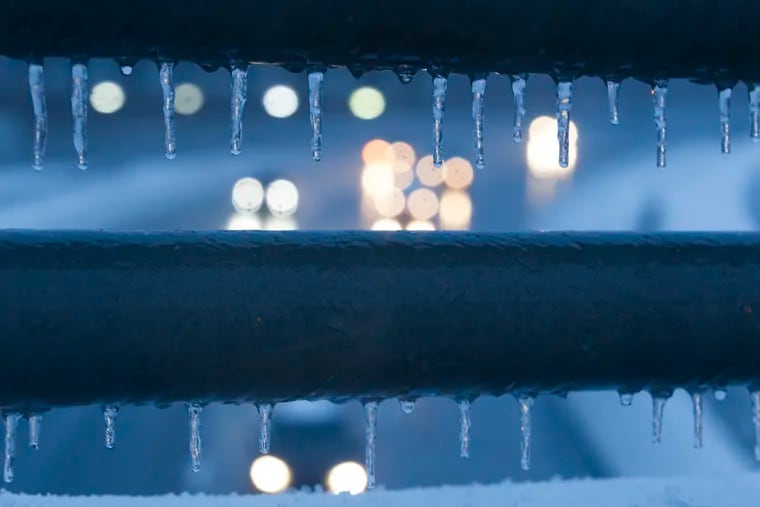 Icicles on a Delaware County overpass last winter; winter temperatures and wind chills in the 20s are expected here Friday and Saturday.