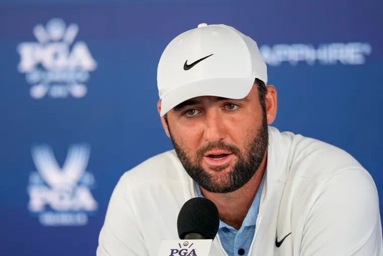 Scottie Scheffler speaking during a news conference after the second round of the PGA Championship  in Louisville, Ky., in mid-May.