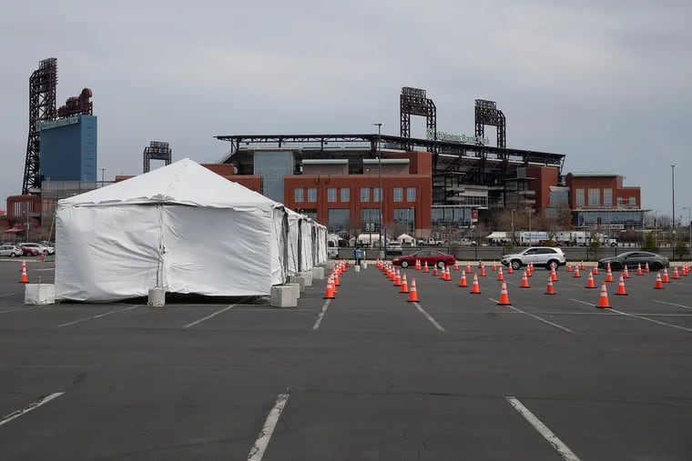The city's coronavirus testing site is pictured next to Citizens Bank Park. Will this ballpark be used for baseball this summer?