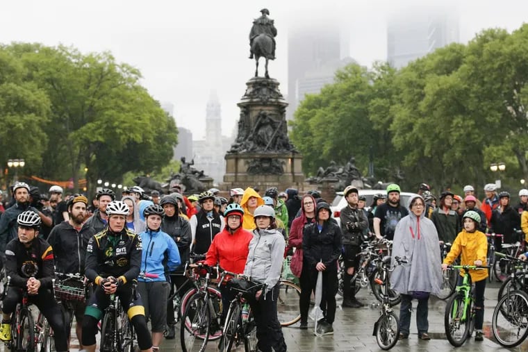 Cyclists gather during the Ride of Silence honoring cyclists killed/injured in motor vehicle related crashes and to raise awareness about the rights of cyclists on roads at the steps of the Philadelphia Art Museum along the Ben Franklin Parkway on Wednesday, May 16, 2018.