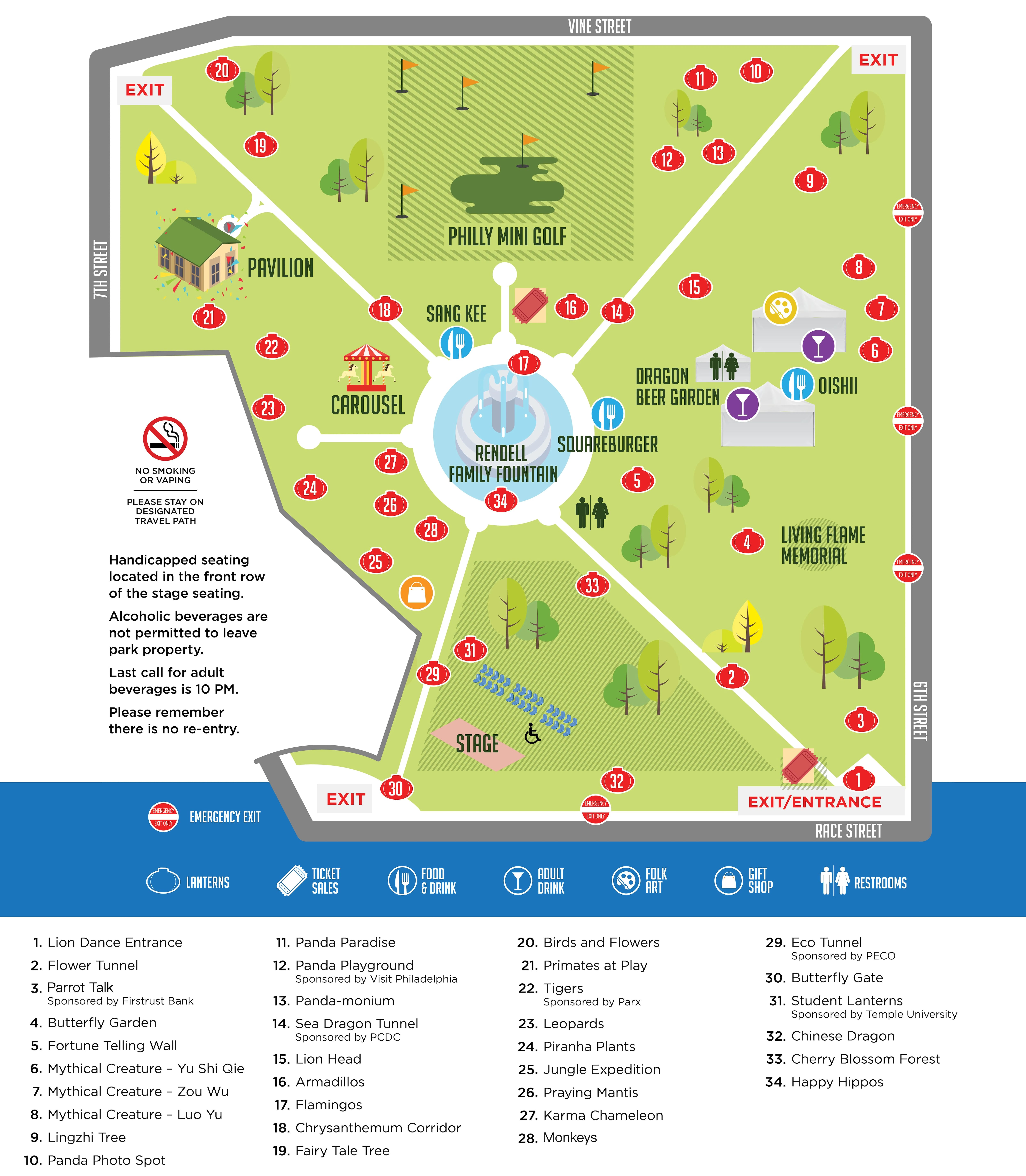 This map of the Philadelphia Chinese Lantern Festival can help you find the lantern displays, food spots, and restrooms.