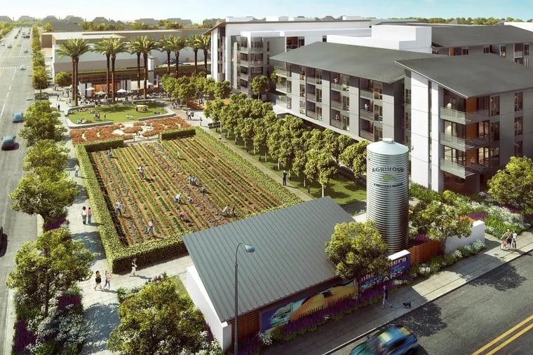 A rendering shows a proposed "agrihood" project with 36 townhomes and 325 apartments and a small farm to be built on vacant land in Santa Clara, Calif.