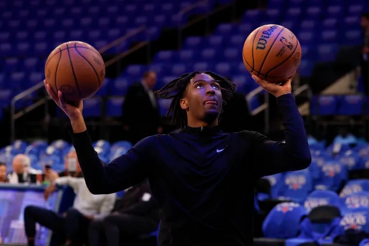 Tyrese Maxey during warmups before the Sixers played the New York Knicks in Game 1 of their playoff series on Saturday.