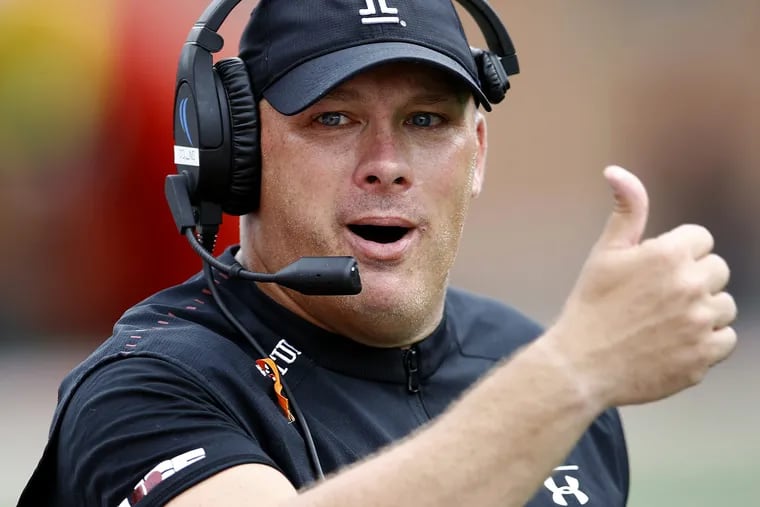 Temple head coach Geoff Collins gestures in the second half of an NCAA college football game against Maryland, Saturday, Sept. 15, 2018, in College Park, Md. (AP Photo/Patrick Semansky)