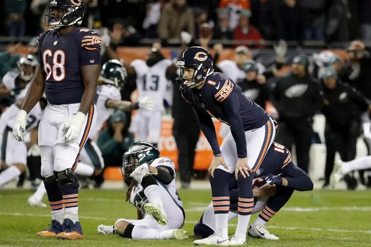 FILE - In this Jan. 6, 2019, file photo, Chicago Bears kicker Cody Parkey (1) reacts after missing a field goal in the closing minute of the team's NFL wild-card playoff football game against the Philadelphia Eagles in Chicago. A person familiar with the situation says the Bears have decided to release embattled kicker Parkey after one season. The person spoke Friday, Feb. 22, 2019, on the condition of anonymity because the move had not been announced. Signed to a four-year contract in March, Parkey made just 23 of 30 field goals during the regular season for the third-lowest conversion rate in the NFL. He was 42 of 45 on extra points. (AP Photo/Nam Y. Huh, File)