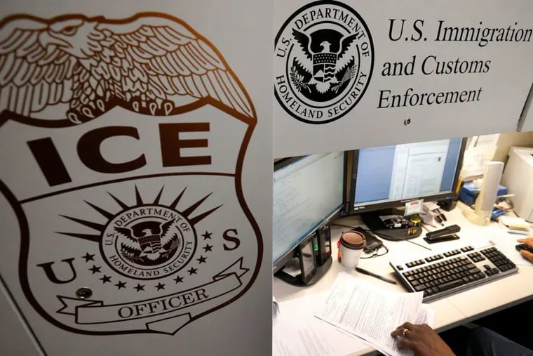 An unidentified Immigration and Customs Enforcement (ICE) deportation officer reviews forms .
