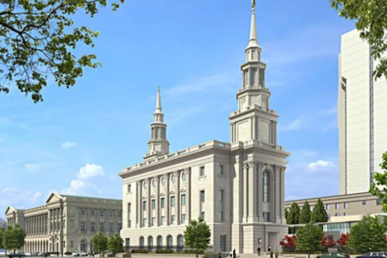 An artist's rendering of the Mormon temple to be built near 17th and Vine Streets.