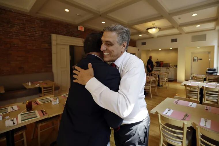 U.S. Rep. Lou Barletta, Republican nominee for U.S. Senate, greets a supporter at a lunch event Tuesday.