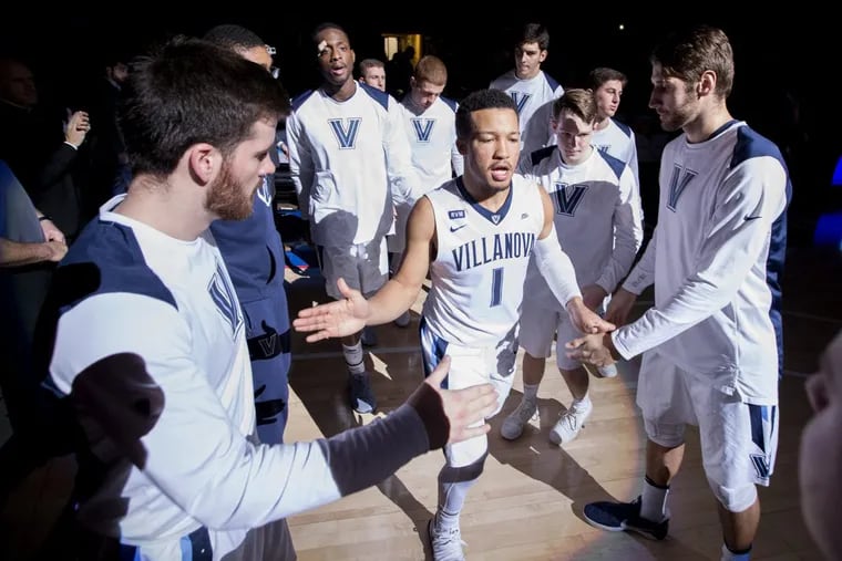 Jalen Brunson, center, of Villanova is introduced as part of the starting line-up against Providence at the Wells Fargo Center on Jan 23, 2018.