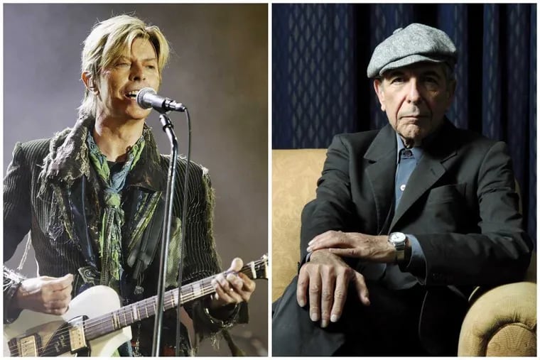 David Bowie, left, died Jan. 10; Leonard Cohen died Nov. 7.