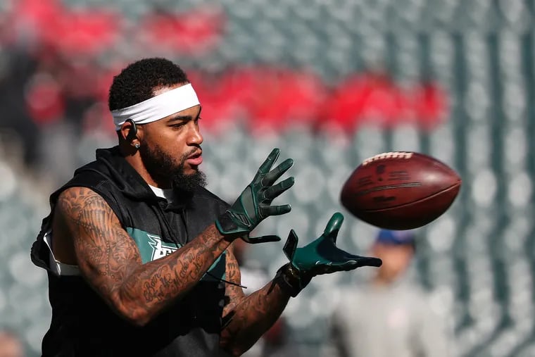 Eagles wide receiver DeSean Jackson warms up before the Philadelphia Eagles play the Chicago Bears at Lincoln Financial Field in Philadelphia, PA on November 3, 2019.