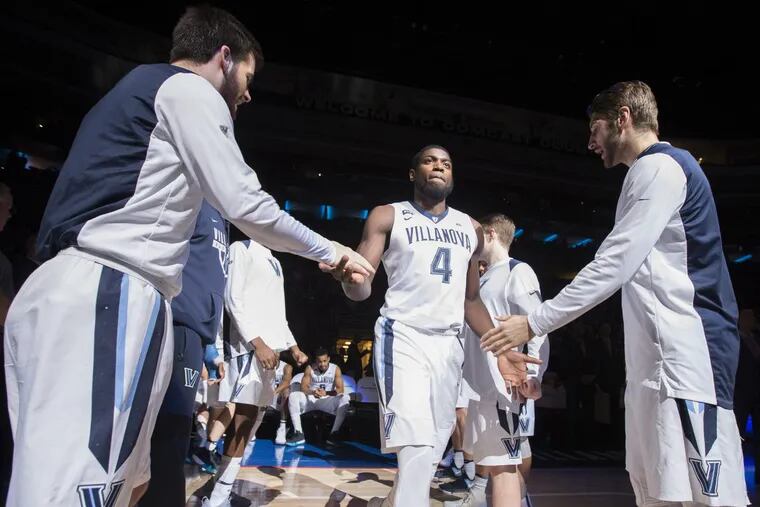 Eric Paschall, center, of Villanova getting introduced as part of the starting lineup  Tuesday night against Providence.