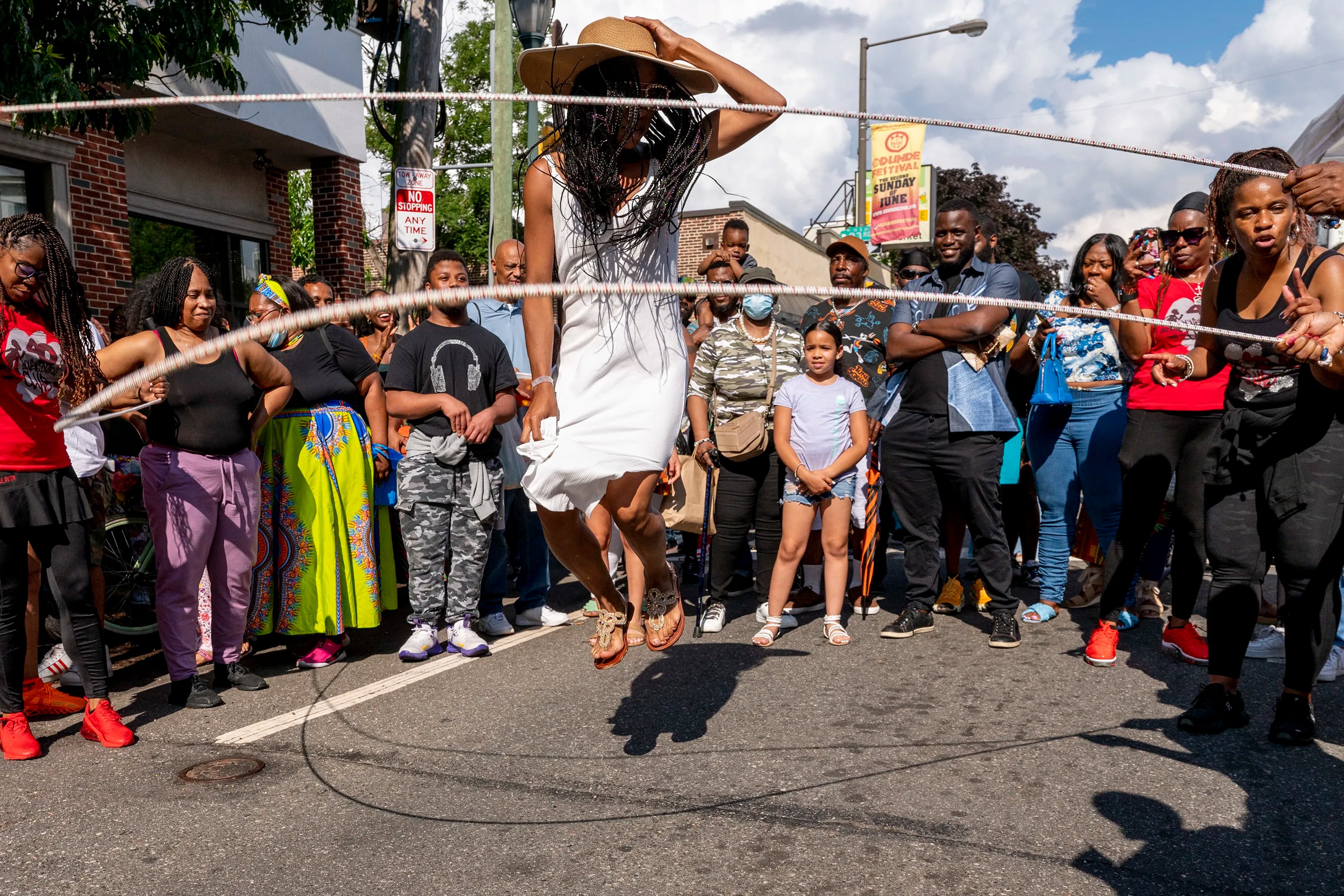 Beverly Thomas comes out of the audience to jump rope with the 40+ Double Dutch Club of Philly and South Jersey during the annual Odunde Festival on South Street. Odunde is bringing a taste of Africa to one of Philadelphia's oldest, historically African American neighborhood.