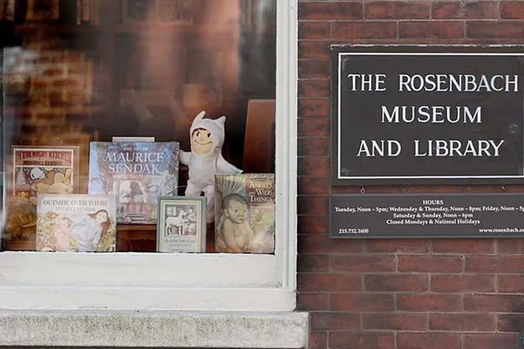 A selection of books by Sendak on display in the shop window of the Rosenbach Museum. Since 1970, the Rosenbach has curated at least 72 Sendak shows. (David M Warren/Staff Photographer)