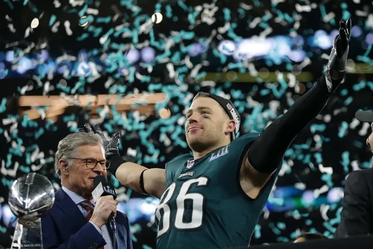Eagles� Zach Ertz celebrates after the Philadelphia Eagles win the Super Bowl LII.