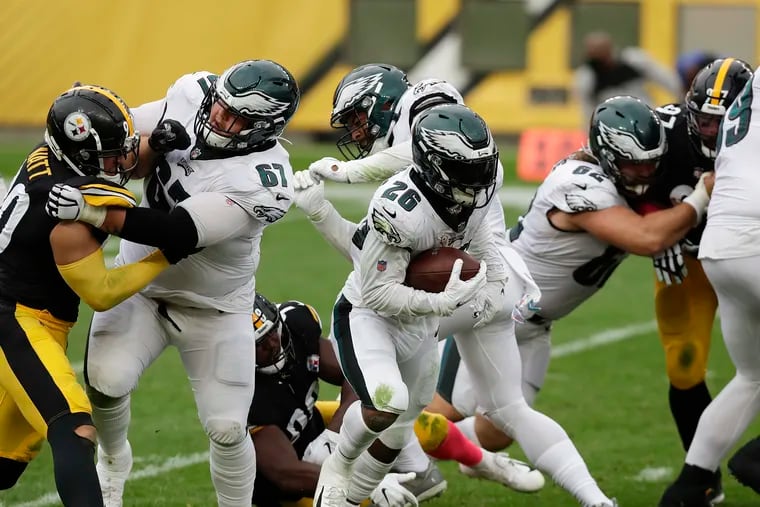 Eagles running back Miles Sanders had a 74-yard TD run against Pittsburgh. In all other carries in the last two games, he has averaged 2.7 yards.