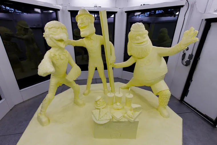 The 2020 Pennsylvania Farm Show Butter Sculpture. This year’s sculpture, fashioned from half a ton of donated butter, features Gritty and also Eagles mascot Swoop and Steely McBeam (Pittsburgh Steelers).