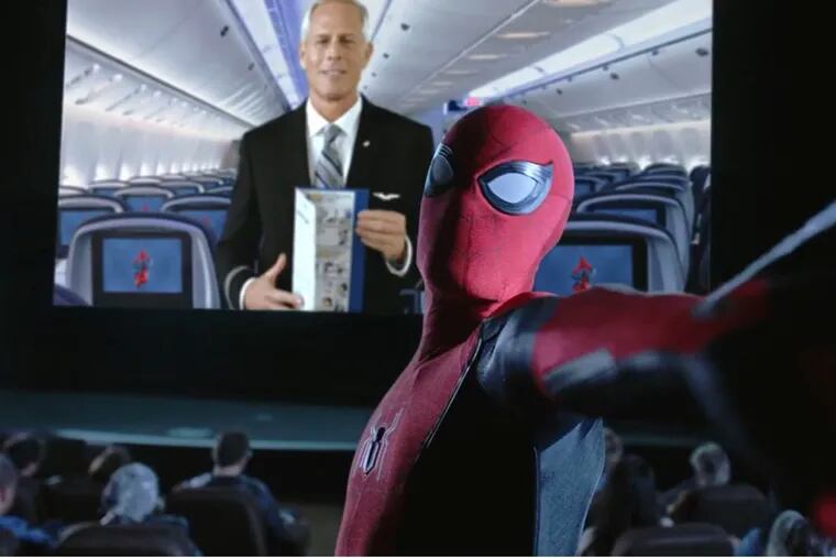 An image from United Airlines' new safety video featuring Spider-Man.