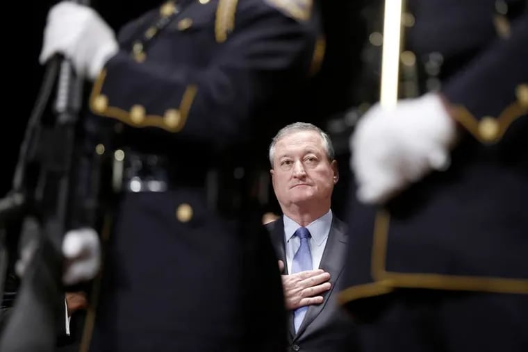 Jim Kenney and others stand for the playing of the national anthem during his inauguration ceremony as the city's 99th mayor Monday, Jan. 4, 2016, at the Academy of Music in Philadelphia.