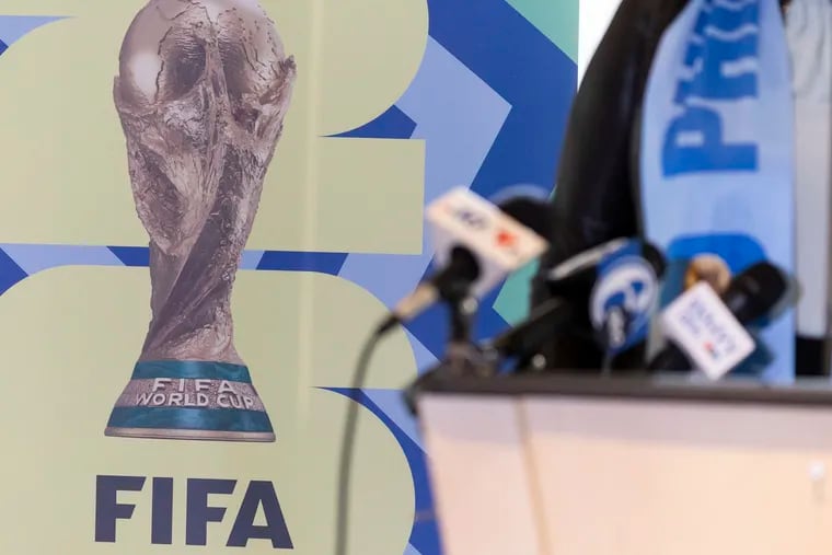 The men's World Cup trophy on Philadelphia's logo for its hosting of tournament games in 2026.