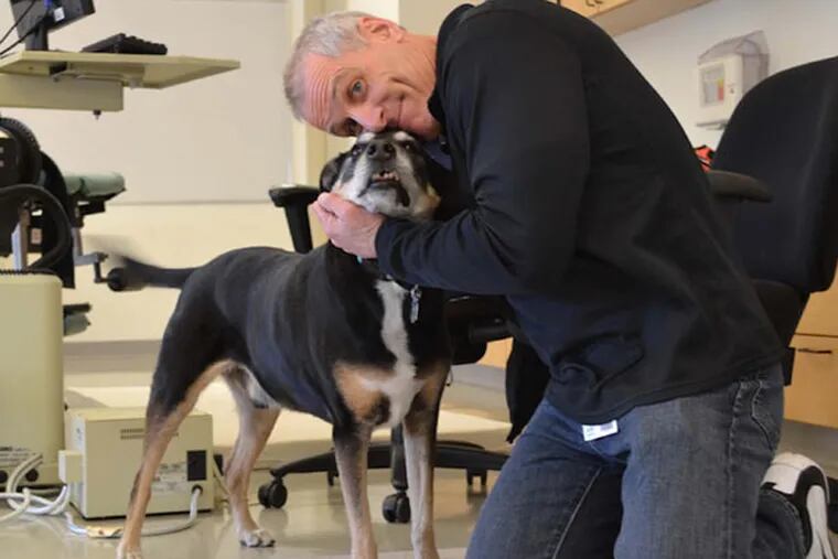 Arny Ferrando, Ph.D., and Frankie, one of the scent-trained dogs used in a study guaging dogs' ability to diagnose cancer with their noses. (Univ. of Arkansas for Medical Sciences)