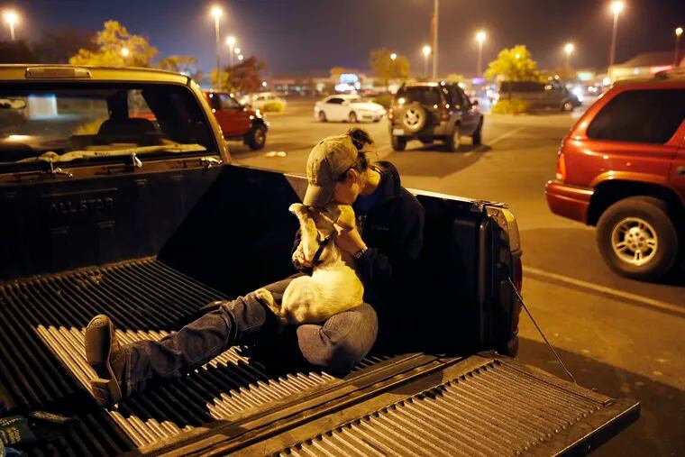 Sarah Gronseth kisses her dog Branch in the bed of a truck in a parking lot on Tuesday in Chico, Calif.
