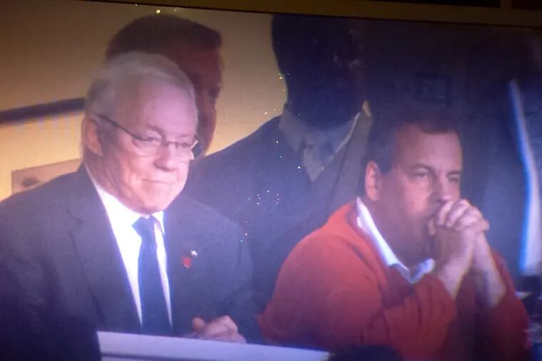 New Jersey Governor Chris Christie watches Sunday night's Eagles game in the box of Cowboys' owner Jerry Jones.