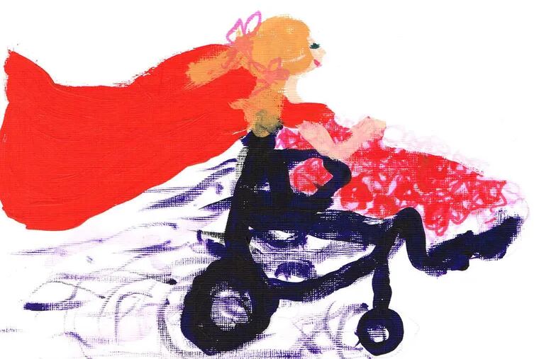 Above, &quot;Super Hero&quot; by Sara Ann Kronrot, 10, one of two artists with cerebral palsy whose works are being exhibited at a Westmont coffee house. Right, &quot;Santa Rides His Sleigh.&quot;
