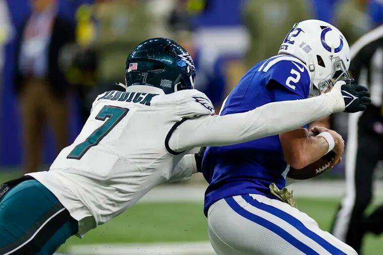 Eagles linebacker Haason Reddick sacking Indianapolis Colts quarterback Matt Ryan on Nov. 20.