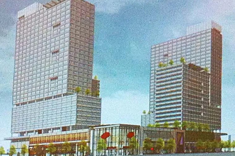 One of the earlier renderings of retail/residential project proposed by Bart Blatstein for the intersection of Broad Street and Washington Ave. The latest plan calls for just one tower, on the left, and a sky “village” of free-standing houses, arranged to mimic the center of Aix-en-Provence. The plan still calls for one mega, four-acre block.
