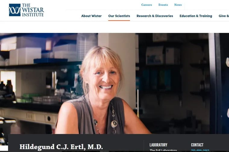 Hildegund C.J. Ertl, shown on her web page at the Wistar Institute, has cofounded Virion Therapeutics LLC.