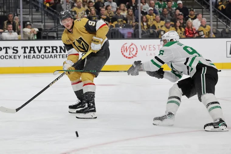 Jack Eichel #9 of the Vegas Golden Knights receives a pass ahead of Matt Duchene #95 of the Dallas Stars in the second period of Game Four of the First Round of the 2024 Stanley Cup Playoffs at T-Mobile Arena on April 29, 2024 in Las Vegas, Nevada. The Stars defeated the Golden Knights 4-2.