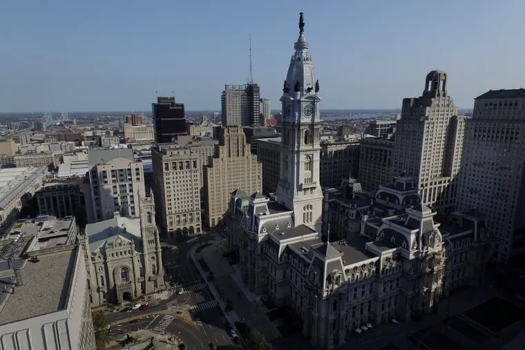 An aerial shot of Philadelphia City Hall on Oct.1, 2019. In a bid to enforce the city's newly minted progressive labor laws, officials are naming and shaming businesses that are not in compliance.