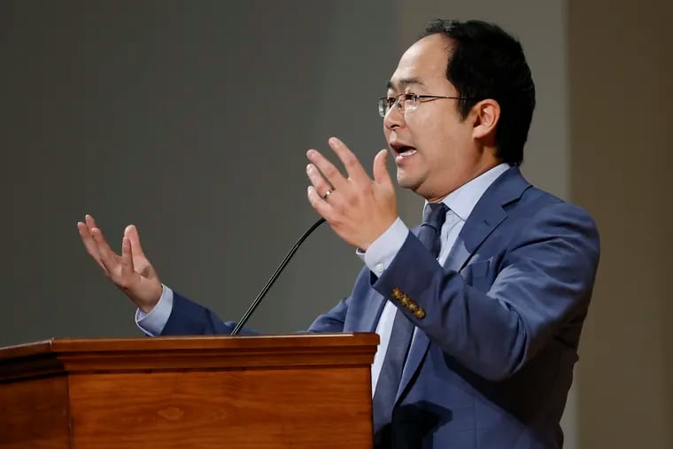 U.S. Rep. Andy Kim (D., N.J.) speaks during the Burlington County Democratic Convention last month at the Rowan College at Burlington County campus in Mount Laurel, N.J. Kim is running for the Democratic nomination for U.S. Senate to replace Sen. Bob Menendez.