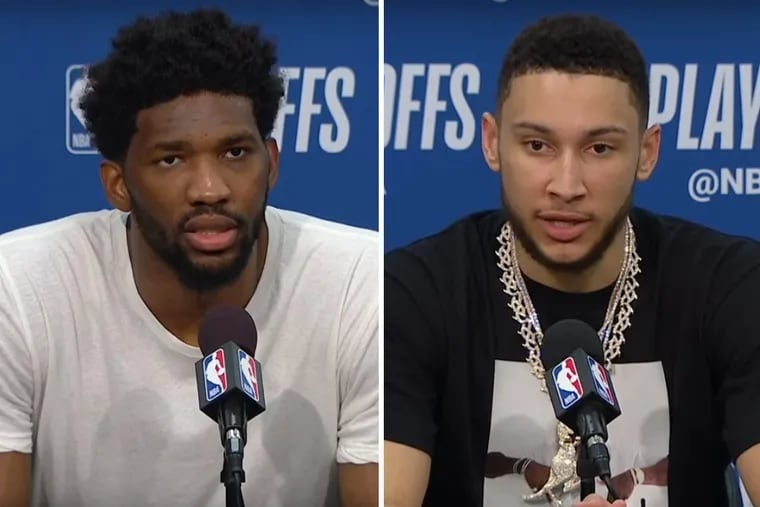 Sixers stars Joel Embiid (left) and Ben Simmons both made fashion statement following the team’s Game 4 win over the Boston Celtics Monday night.