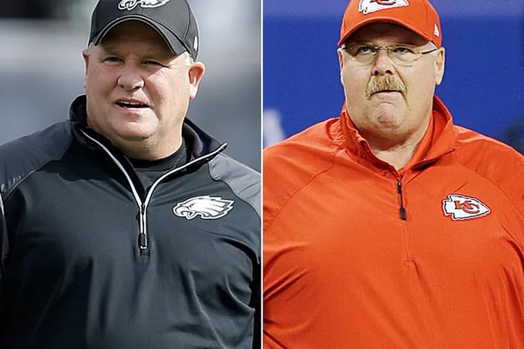 Eagles head coach Chip Kelly and Chiefs head coach Andy Reid. (Ben Margot/AP file) (Michael Conroy/AP file)