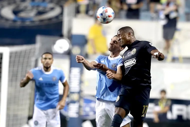 Sergio Santos (right) battling with James Sands (center) during the Union's 1-0 win over New York City FC at Subaru Park in May.